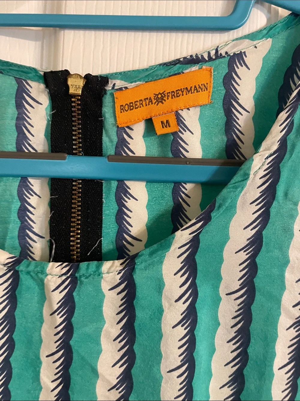 Striped Teal and White Long-Sleeve light 💯 silk Dress